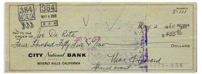 Moe Howard Check Signed to Joe DeRita -- Endorsed by DeRita on Verso -- Dated 2 May 1960 -- Measures 8.25'' x 3'' -- Very Good Condition